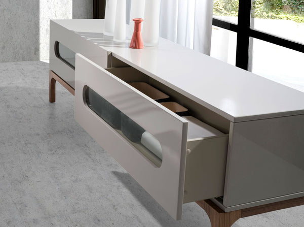 Walnut and gray TV stand with interior lighting
