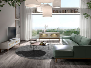 Walnut and gray TV stand with interior lighting