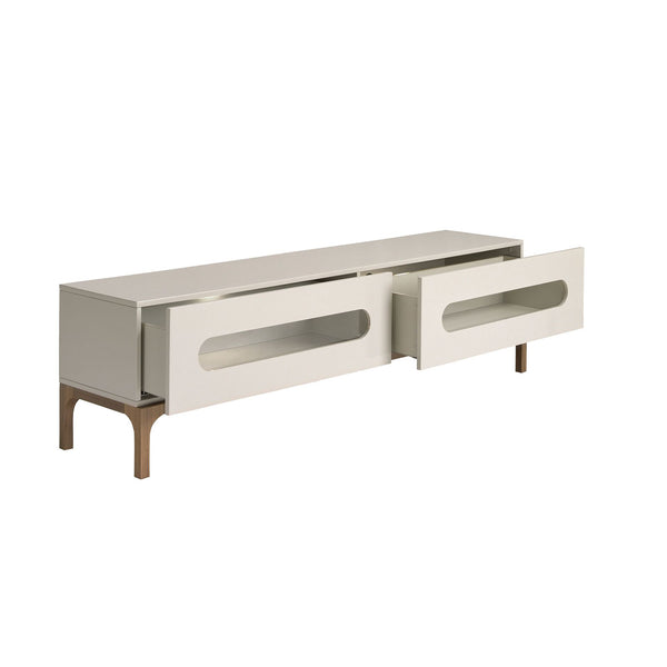 Walnut and gray TV stand with interior lighting