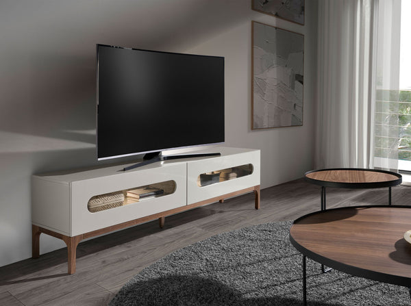 Walnut and gray TV stand with interior lighting