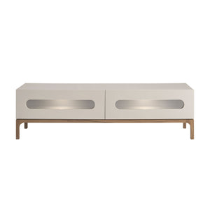 Walnut and gray TV stand with interior lighting
