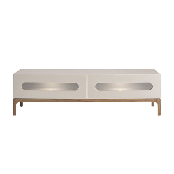Walnut and gray TV stand with interior lighting