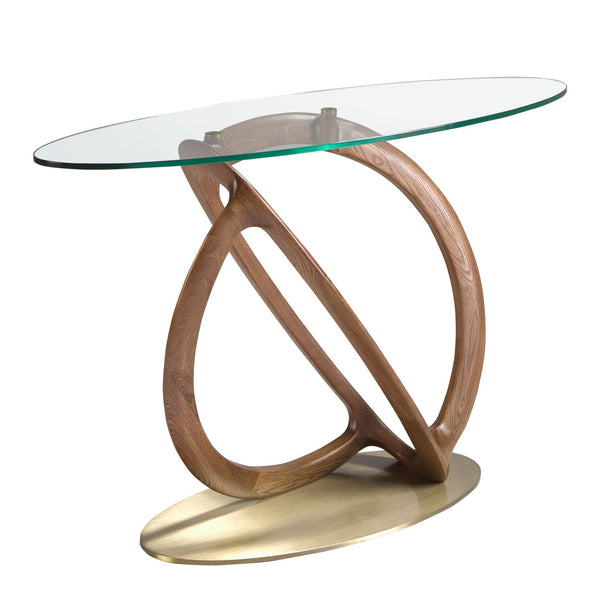 Oval console made of tempered glass, walnut and polished gold steel