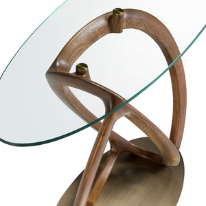 Oval console made of tempered glass, walnut and polished gold steel