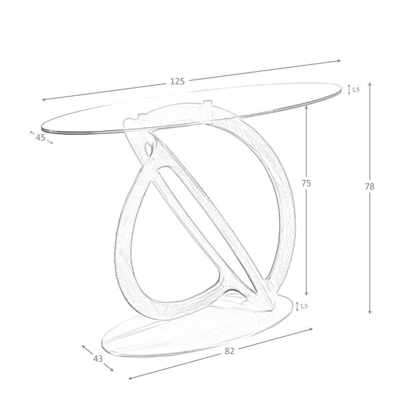 Oval console made of tempered glass, walnut and polished gold steel
