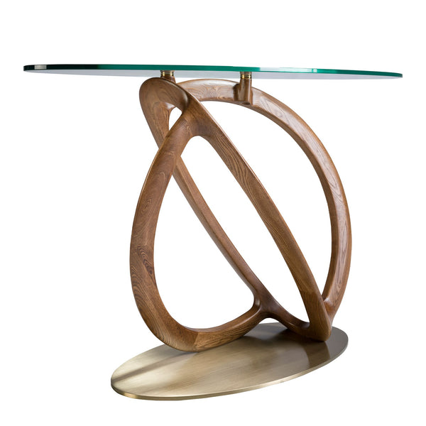 Oval console made of tempered glass, walnut and polished gold steel