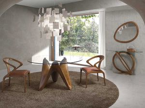 Oval console made of tempered glass, walnut and polished gold steel