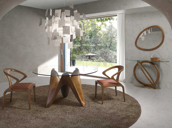Oval console made of tempered glass, walnut and polished gold steel