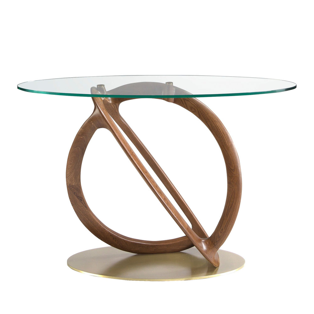 Oval console made of tempered glass, walnut and polished gold steel