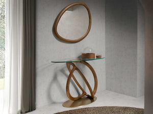 Oval console made of tempered glass, walnut and polished gold steel