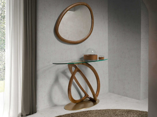 Oval console made of tempered glass, walnut and polished gold steel