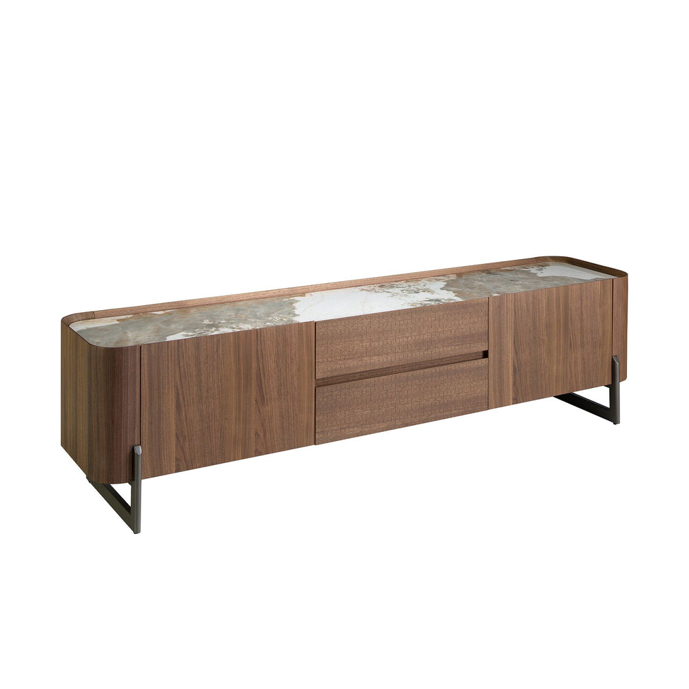 Television cabinet in walnut and dark metallic steel with porcelain marble top