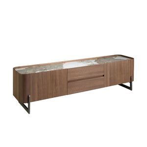 Television cabinet in walnut and dark metallic steel with porcelain marble top