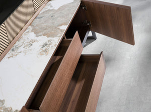 Television cabinet in walnut and dark metallic steel with porcelain marble top