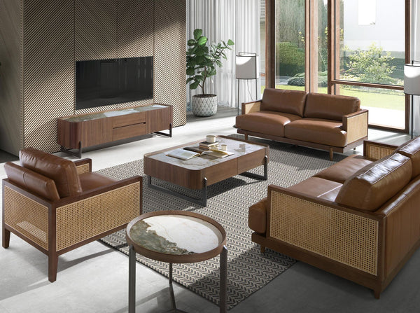 Television cabinet in walnut and dark metallic steel with porcelain marble top