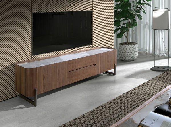 Television cabinet in walnut and dark metallic steel with porcelain marble top