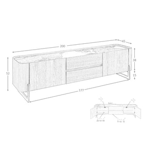 Television cabinet in walnut and dark metallic steel with porcelain marble top
