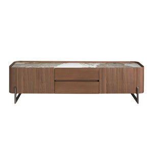 Television cabinet in walnut and dark metallic steel with porcelain marble top