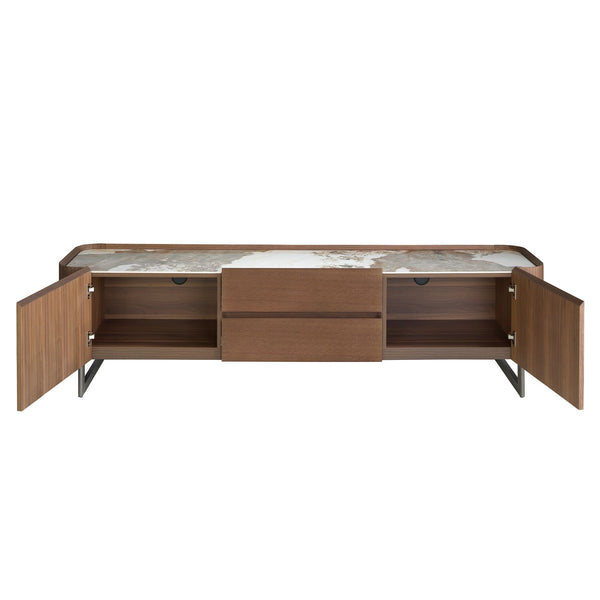 Television cabinet in walnut and dark metallic steel with porcelain marble top