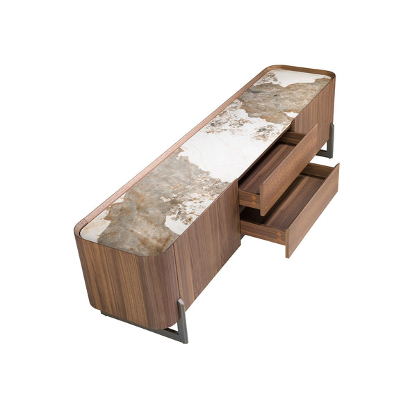 Television cabinet in walnut and dark metallic steel with porcelain marble top