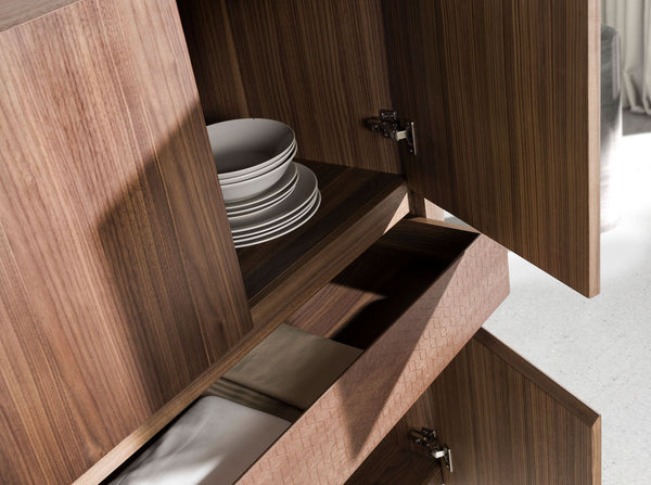 Tall sideboard in walnut and dark metallic steel