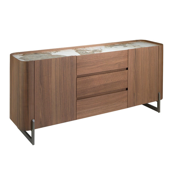 Sideboard in walnut and dark metallic steel with porcelain marble top