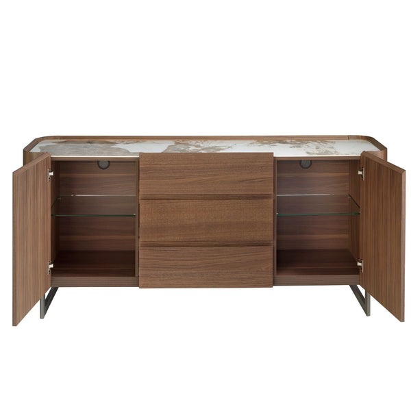 Sideboard in walnut and dark metallic steel with porcelain marble top