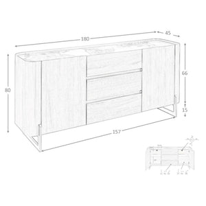 Sideboard in walnut and dark metallic steel with porcelain marble top
