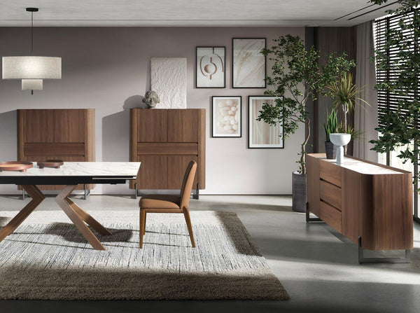Sideboard in walnut and dark metallic steel with porcelain marble top