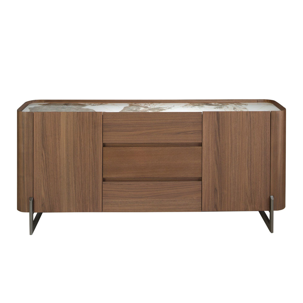 Sideboard in walnut and dark metallic steel with porcelain marble top