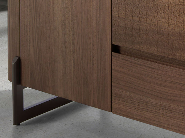 Sideboard in walnut and dark metallic steel with porcelain marble top