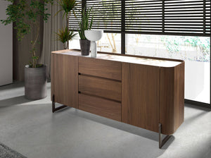 Sideboard in walnut and dark metallic steel with porcelain marble top