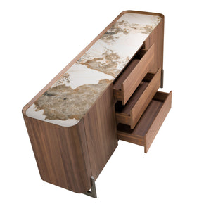 Sideboard in walnut and dark metallic steel with porcelain marble top