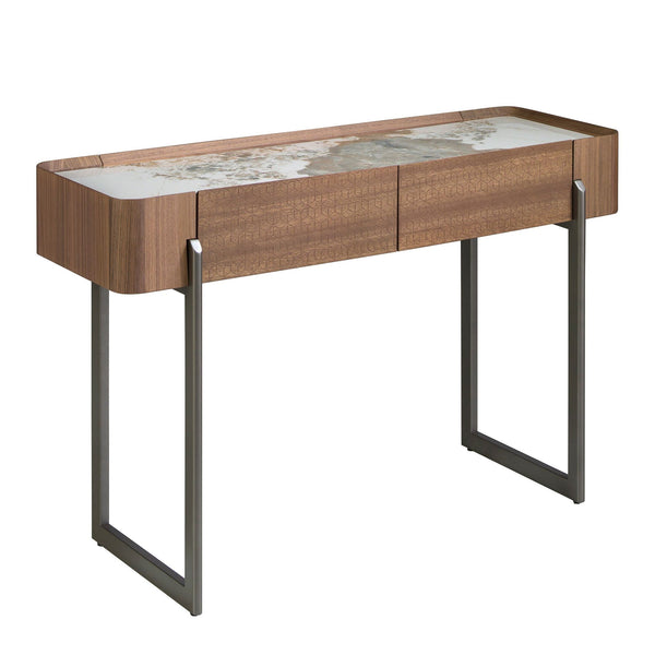 Rectangular console table in porcelain marble, walnut and dark metallic steel
