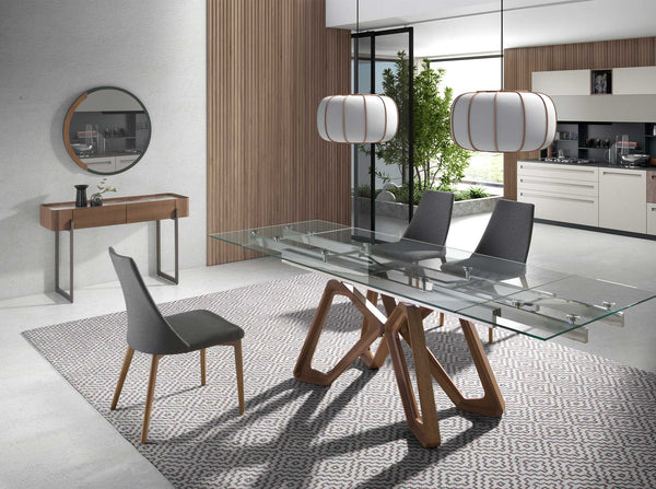 Rectangular console table in porcelain marble, walnut and dark metallic steel