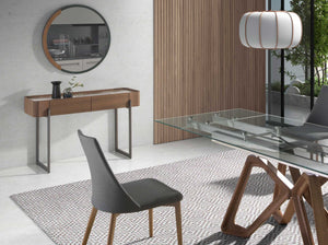 Rectangular console table in porcelain marble, walnut and dark metallic steel