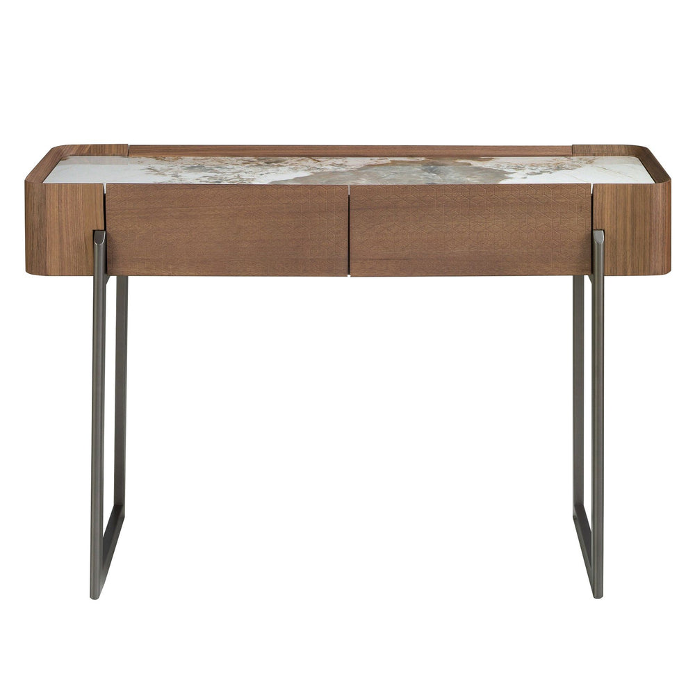 Rectangular console table in porcelain marble, walnut and dark metallic steel