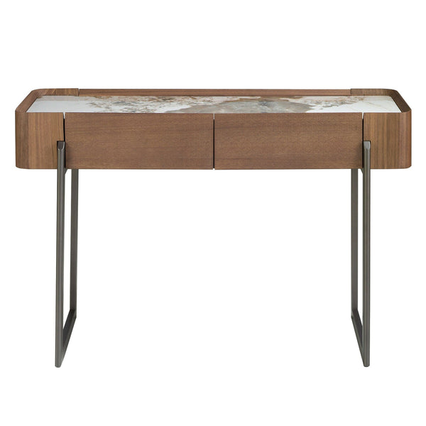 Rectangular console table in porcelain marble, walnut and dark metallic steel