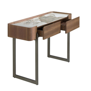 Rectangular console table in porcelain marble, walnut and dark metallic steel