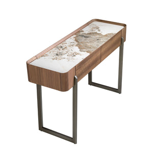 Rectangular console table in porcelain marble, walnut and dark metallic steel
