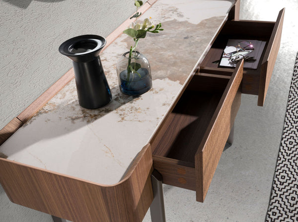 Rectangular console table in porcelain marble, walnut and dark metallic steel