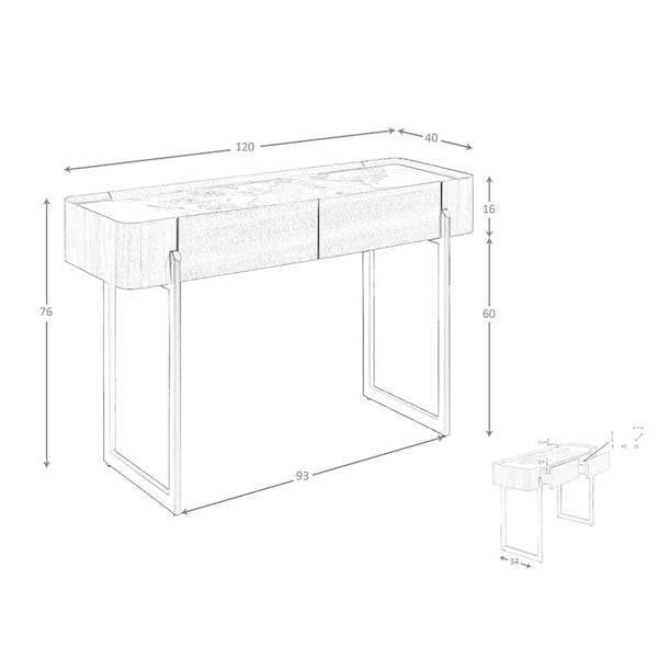 Rectangular console table in porcelain marble, walnut and dark metallic steel
