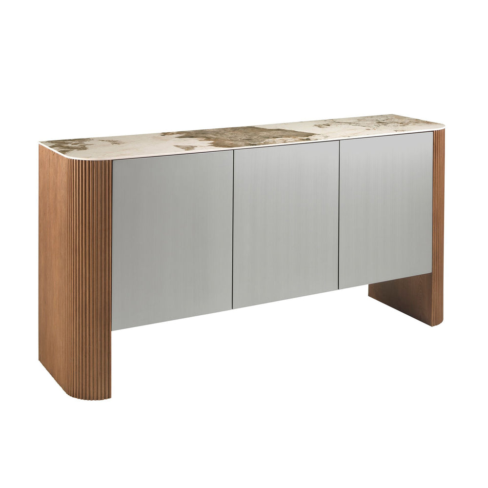 Sideboard in silver wood, walnut and porcelain marble top