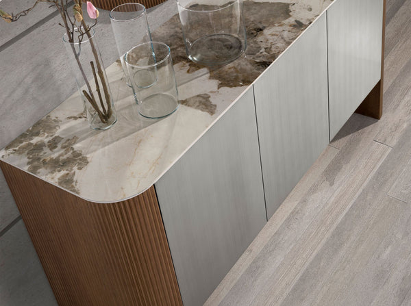 Sideboard in silver wood, walnut and porcelain marble top