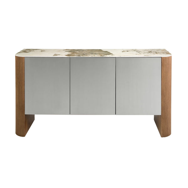 Sideboard in silver wood, walnut and porcelain marble top