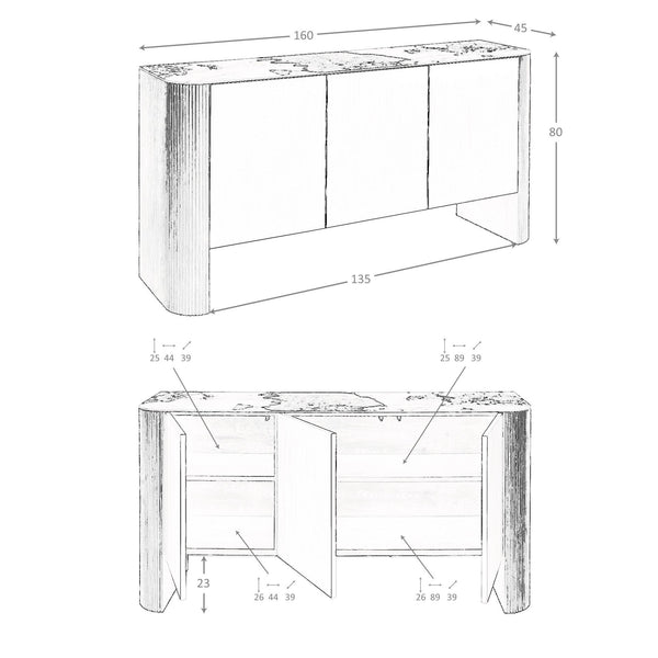 Sideboard in silver wood, walnut and porcelain marble top