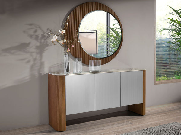 Sideboard in silver wood, walnut and porcelain marble top
