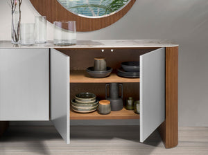 Sideboard in silver wood, walnut and porcelain marble top