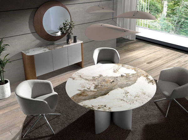 Sideboard in silver wood, walnut and porcelain marble top