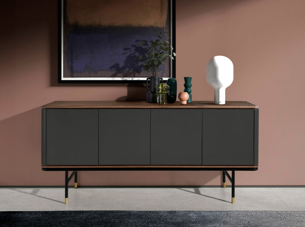 Sideboard in dark gray wood, black steel and walnut top